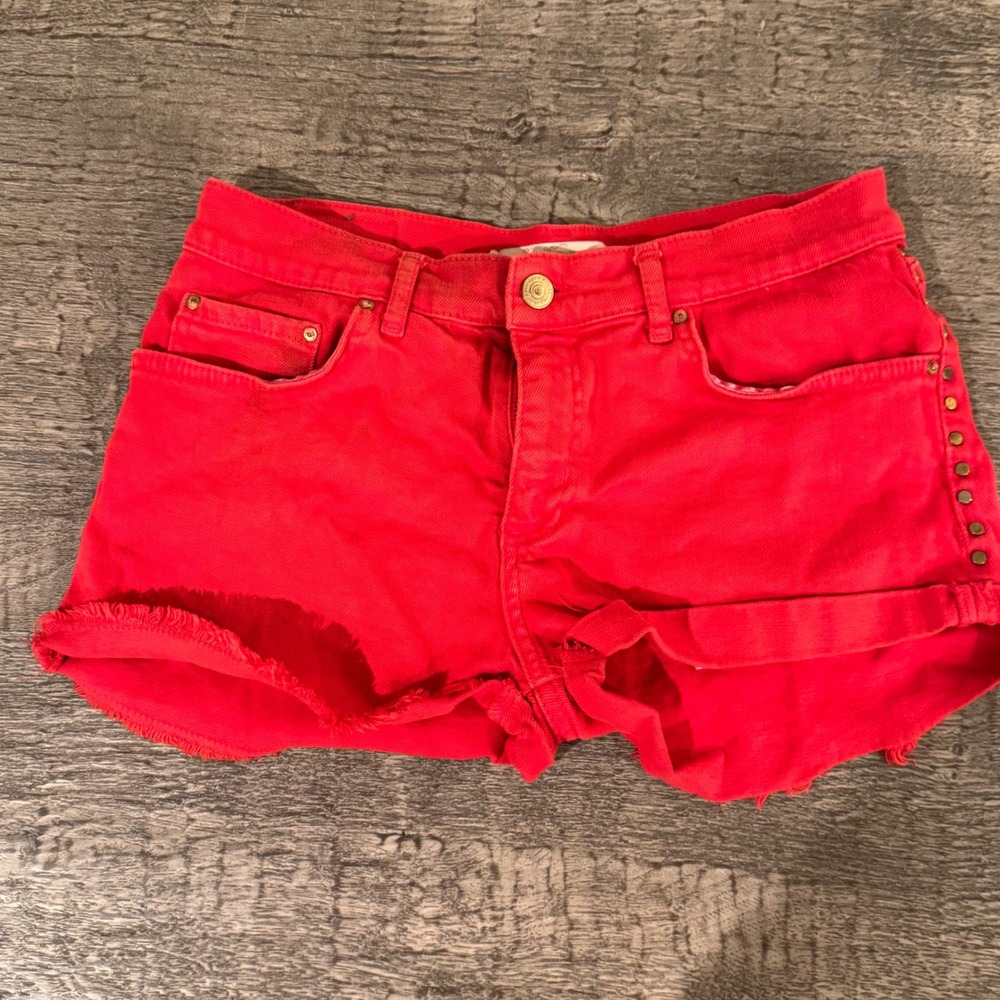 Red‎ Low Rise Denim Shorts Lana Woman Frayed Y2K Mini Size 26
